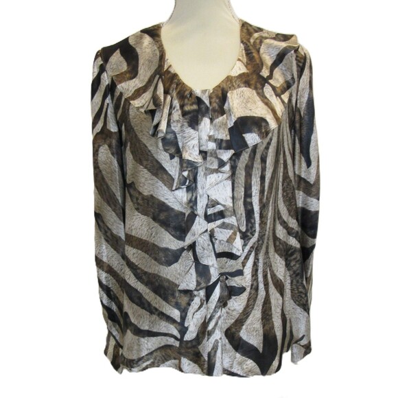 Anne Klein Suit 100% Silk Womens Size 12 Animal Abstract Print Blouse Ruffle VTG - Picture 7 of 11